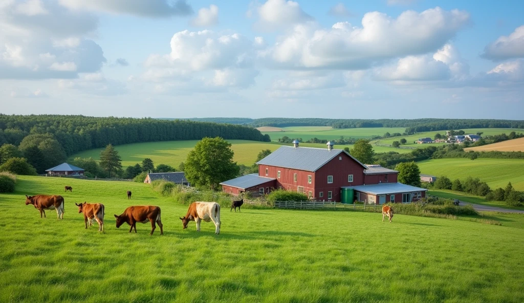 Farm with cows and green pastures
