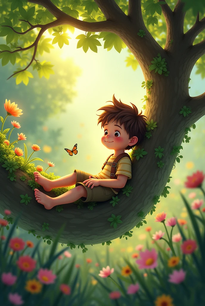 Cute boy in garden sit down the tree