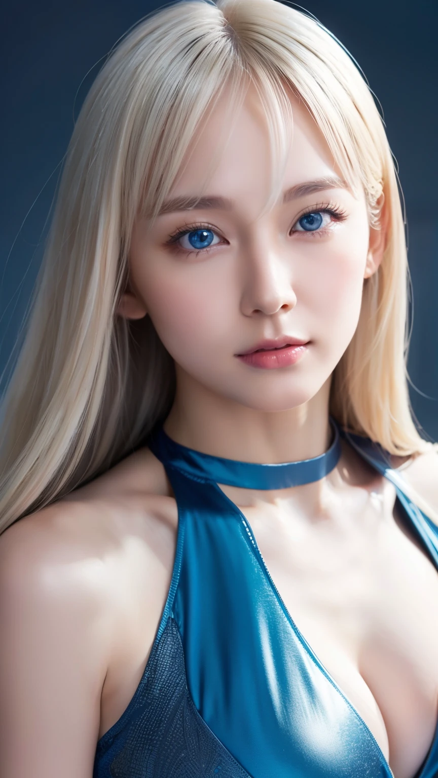 Very beautiful super long straight platinum blonde hair、Beautiful bangs between the eyes、The pieces fly, Highest quality, figure, Extremely detailed, High resolution, 8k wallpaper, Perfect dynamic composition, So beautiful、Large bright light blue eyes with shining detail、Very big eyes, Fitness Wear, Natural color lip,There is cleavage in the chest、Cheek gloss highlighter、White skin、Small Face Beauty、Beautiful girl at 22 years old、Round face