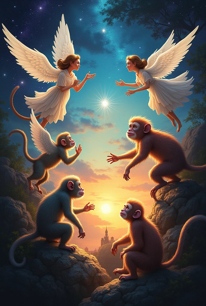 Background of angels and monkeys With brightly colored background With black background