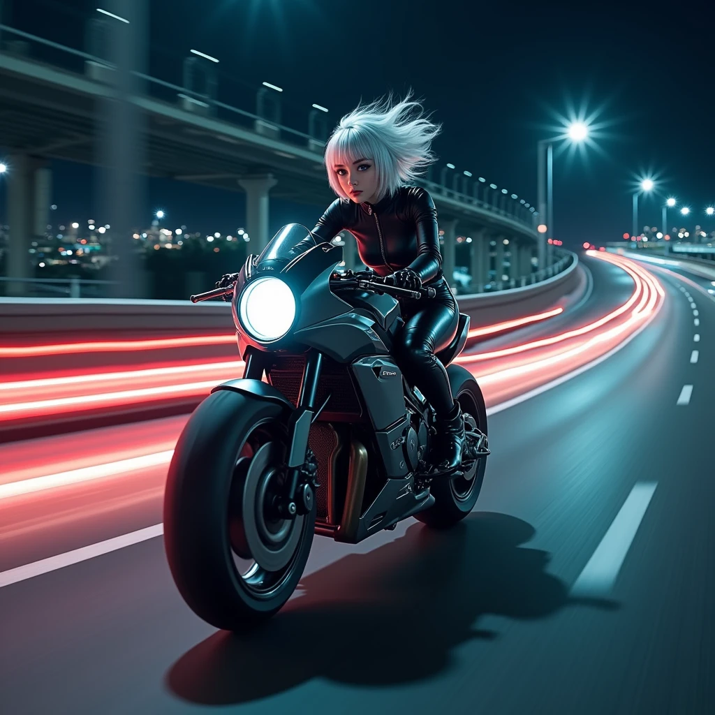 (8k, Photorealistic: 1.1, Raw photo, Highest quality: 1.4),Japanese idol-style beautiful girl,1 person,18-year-old,(Short Bob),(Silver Hair),Blowing in the wind,Clear grey eyes,Long eyelashes,(piercings(small)),Rider Suit(one piece),boots,(The future of large motorcycles(Akira)Riding),(Hang-On((Covering the fuel tank and leaning forward: 1.1),(The rider is lowered so that his head is hidden by the cowl.),(Left curve),(The driver is leaning his hips to the left and tilting the vehicle to the left.))),Driving on the Metropolitan Expressway at night.Flowing red tail lights,(Full body snapshot)