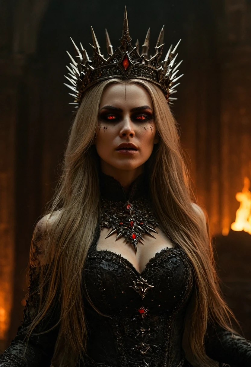 painting of a not emotional and cold Undead queen, spiked crown of hellfire, glowing red eyes, ((long white hair)), ((full length)), dressed in a closed formal suit, hyper-realistic, by Brom: Ultra-detailed of a corpse-pale queen. Elaborate crown of blackened metal spikes, each tip flickering with hellfire. Eyes blaze with intense red light, pupils like dying stars. Skin texture meticulously rendered, showing decay and otherworldly preservation. holds chains, metal collar in hands, Dark, tattered royal garments with intricate, shadowy patterns. Background of smoldering brimstone and distant, tortured souls. Brom's signature style of gothic horror mixed with dark fantasy elements.(intricate details), cinematic, professional, 4k, (((dynamic model pose))), sitting, full body, mesmerizing, dynamic, dramatic, dynamic pose,, cinematic scene, volumetric lights, ultra realistic, in the style of nicola samori