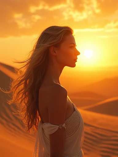 Guardian of the Sunlit Oasis: In a vast desert, an ultra hot gorgeous European woman.age 23. She discovers an oasis that appears only during the summer solstice. This oasis holds the power to grant sunlit visions. As she drinks from its waters, what future glimpses are revealed to her?