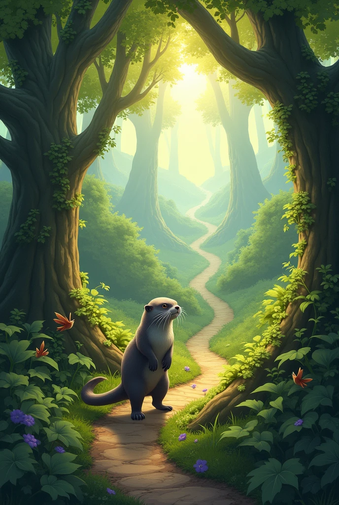 Otter’s Journey: A long, winding forest path with an otter leading the way, looking determined. The path is lined with tall trees, and the background shows a variety of forest terrain like rivers, hills, and dense woods.