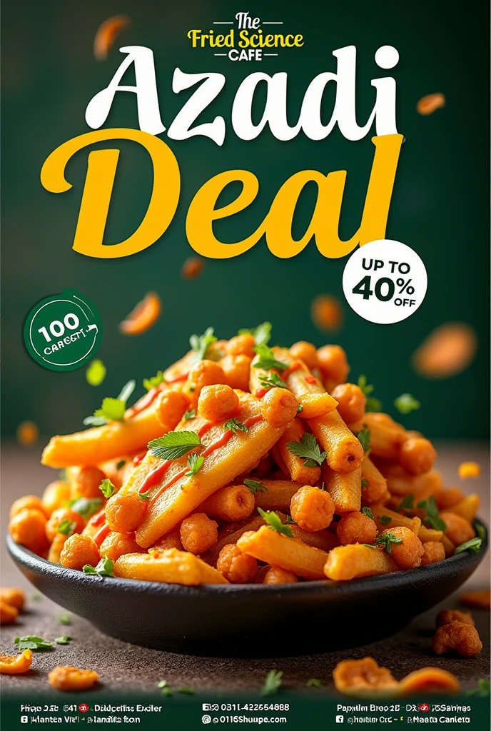 Make immaculate great syntax vibrant catchy and banner pamphlet thats perfect to showcase Azadi deal upto 40 percent off , tortilla wraps, loaded fries, zinger burger, patty burgers shawarmas "The Fried Science Cafe" name on the top "The Trustworthy local eatery around" Also add numbers 0330-4255888, 0316-6420496. Must be in correct form and include impeccably master piece showcase azadi deal with an ergonomic pakistan flag on the side. It must be in English and follow a greater syntax.  Only english I said! Be catchy and syntax.  siri dahl behind the billboard of pamphlet of The Fried Science Cafe, yes a pamphlet like attractive and resplendent menu card make Azadi Deal prominent and loaded fries are of the jalapenos, chicken sauces and chips.  "The Fried Science Cafe" name should be prominent and azadi deal will be prodigious after. 