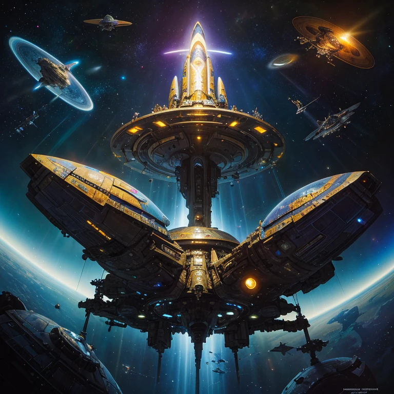 by by John Berkey colorful space, Organic Spacecraft, Photorealistic Space Station, Space Propulsion, heavenly bodies, Volumetric lighting, Sid Mead, Frank Frazetta, by John Berkey, brutalism