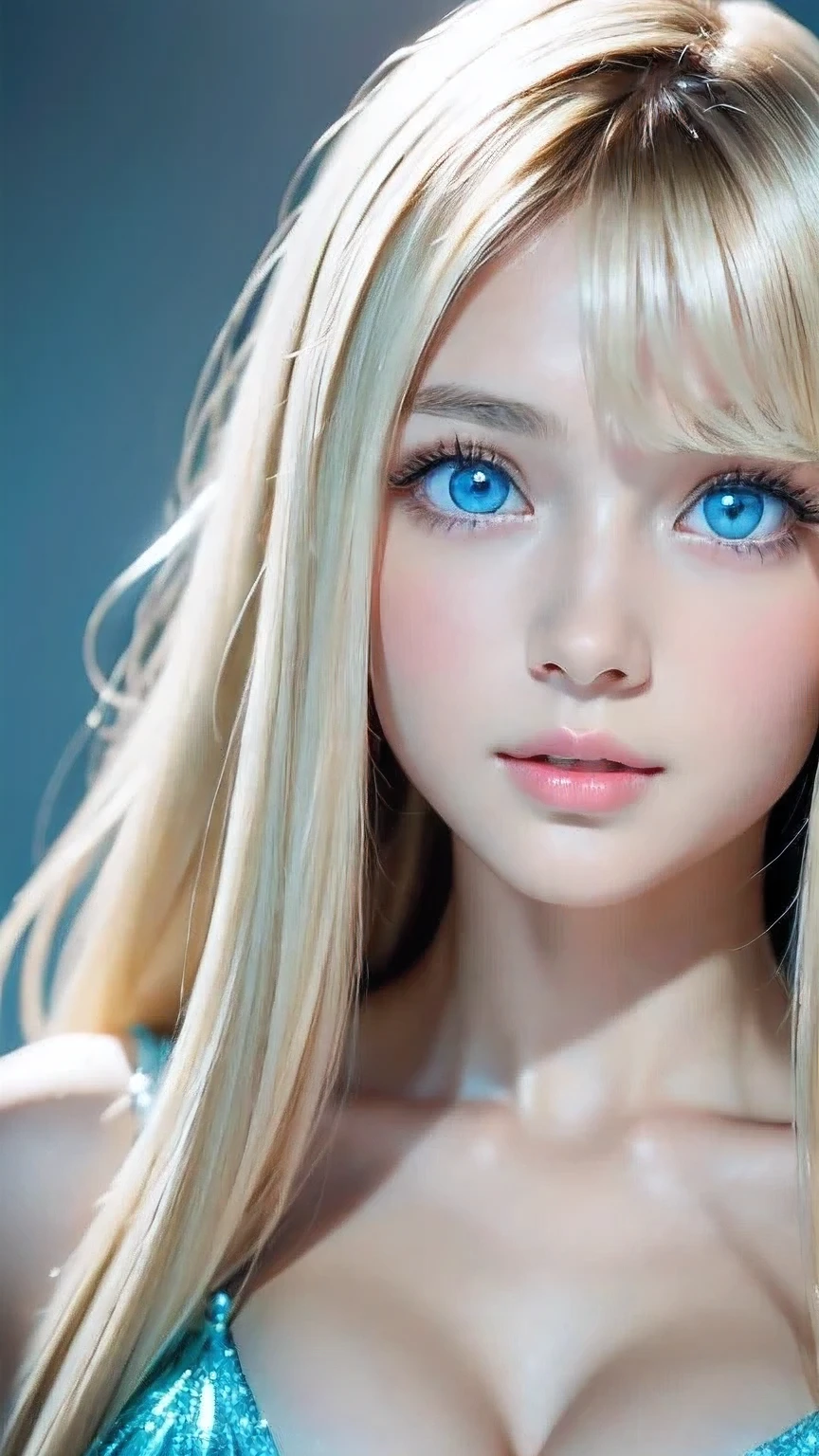 Crystal clear and shiny skin、Cute 13 year old with beautiful face、Very large, beautiful, bright, pale sky blue eyes、Very big eyes、Super long straight hair that shines in the light、Long, silky bangs that cover her cute eyes、Hair that hides sexy features、too long bangs、Sexy and cute young beauty、Super long natural young blonde hair with sparkling highlights Blonde over one eye Blonde over one eye、Blonde hair between the eyes