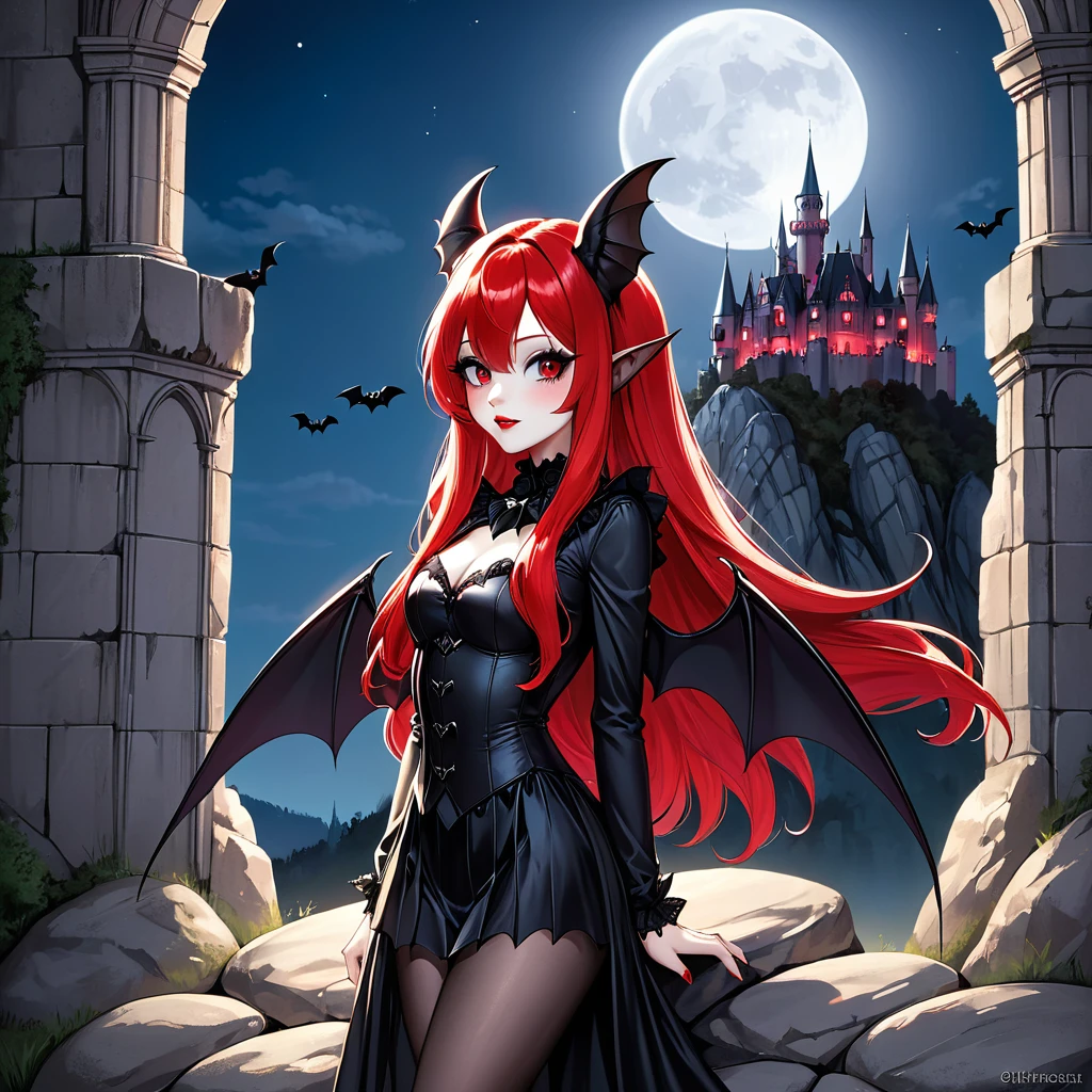 Cute flirty anthropomorphic bat with long red hair, full height,  stands against the backdrop of the shining moon, gothic castle built into the rock, looks at the author, long eyelashes, Red lips, Shining wings, pose in gender turnover, hyperrealism