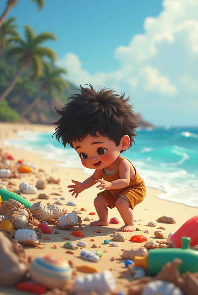 Beni is playing on the beach, looks like a lot of rubbish scattered around.