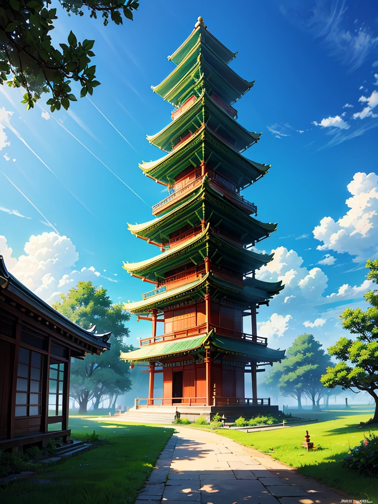 a chinise pagoda with green nature backround, no people. clear blue sky with clouds.