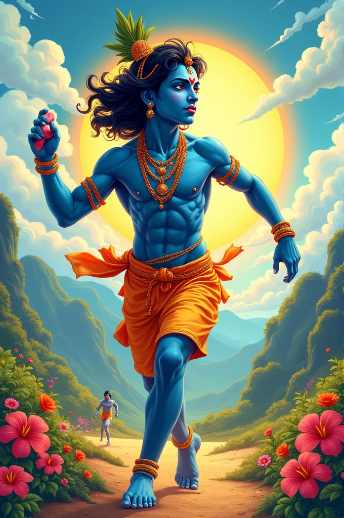 "Create a 2D vector image of Krishna engaging in athletics, such as running or playing a sport, with vibrant colors and dynamic movement to capture the energy and grace of the scene."