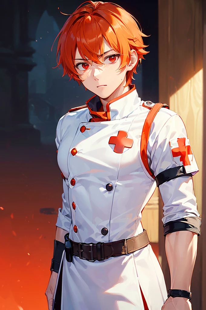 (((masterpiece; best quality: 1.2))), (finely detailed eyes: 1.3), ((1 young man)), ((solo)), (red eyes: 1.4), (body shape; lean, masculine: 1.3), (very short orange hair: 1.3), (beautiful and clear background: 1.2), ((depth of field)), (equipment: fantasy white adventurer medic uniform + armband with red cross: 1.3), (anime illustration: 1.2), (background composition; palace gardens + day: 1.1), (extremely fine and handsome: 1.1), (shot composition; standing + bust shot + close-up: 1.5), (facial expression; calm, stoic: 1.2)