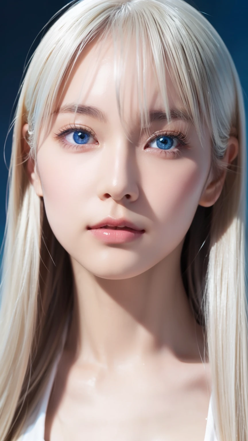 Very beautiful super long straight platinum blonde hair、Beautiful bangs between the eyes、The pieces fly, Highest quality, figure, Extremely detailed, High resolution, 8k wallpaper, Perfect dynamic composition, So beautiful、Large bright light blue eyes with shining detail、Very big eyes, Fitness Wear, Natural color lip,There is cleavage in the chest、Cheek gloss highlighter、White skin、Small Face Beauty、Beautiful girl at 22 years old、Round face
