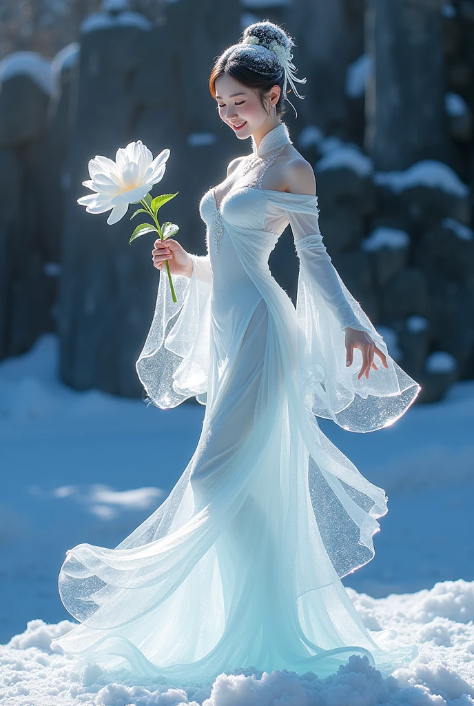 (ice - carving:1.4),Movie Angle,(Fan Bingbing, ice sculpture girl,Anatomically correct,full bodyesbian,Masterpiece ice sculpture camellia,Representative work Hanfu,Smile),sexy