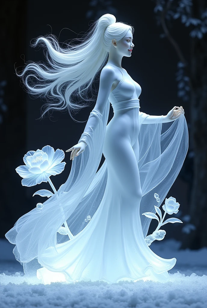 (ice - carving:1.4),Movie Angle,(Fan Bingbing, ice sculpture girl,Anatomically correct,full bodyesbian,Masterpiece ice sculpture camellia,Representative work Hanfu,Smile)