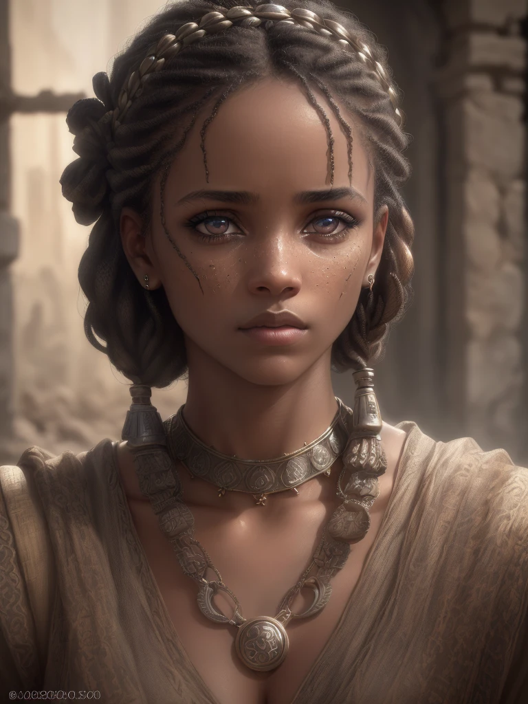 a slave woman in ancient greece, detailed realistic portrait, ((beautiful detailed eyes, beautiful detailed lips, extremely detailed face)), dirty ragged clothes, sorrowful expression, chains on wrists, slave collar, rough stone walls, warm lighting, dramatic shadows, muted color palette, (best quality, 4k, 8k, highres, masterpiece:1.2), ultra-detailed, (realistic, photorealistic, photo-realistic:1.37), dramatic lighting, cinematic composition, intricate detailing, highly textured