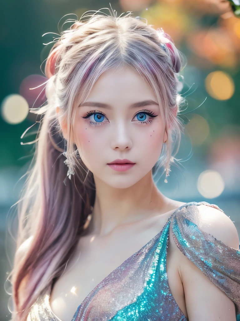 (masterpiece), (Highest quality), (Very detailed), (Dirty Hair), (figure), (1 girl) (Long Pink Hair 1.5) (blue eyes) (Double Ponytail 2.0), ((((No shoulders))),Hanfu, (Looking at the audience, (interview), (Simple Background), Beautiful and delicate eyes, Delicate and beautiful face, Soar (High saturation), (Colorful Glitter), Colorful bubbles, (Glitter), Facial accents, Perfect NwsjMajic, Conservative dress, No shoulders, Autumn Clothes, Facing the Public, Perfect figure,