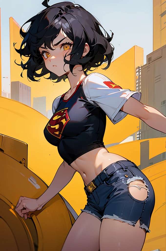 1female , undercut hair , wavy hair ,short hair, black Hair , golden Eyes , lean build , female , Serious Expression , Modern City Background , modern city background, Black T-Shirt Croptop with a Superman S symbol, Short Shorts Shorts , Jean Shorts,