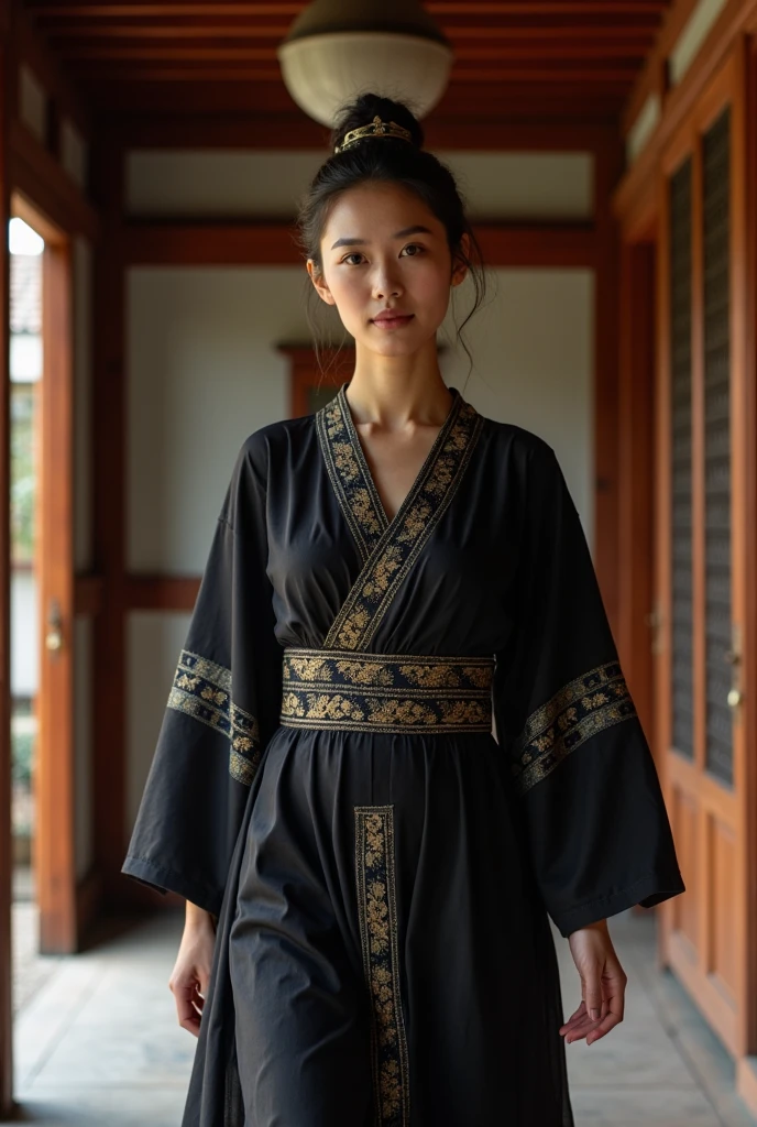 A traditional woman wearing a black dress walking in the house