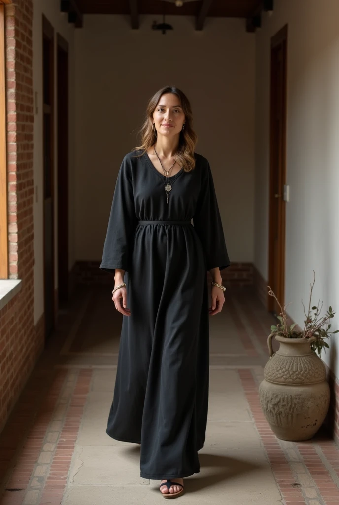 A traditional woman wearing a black dress walking in the house
