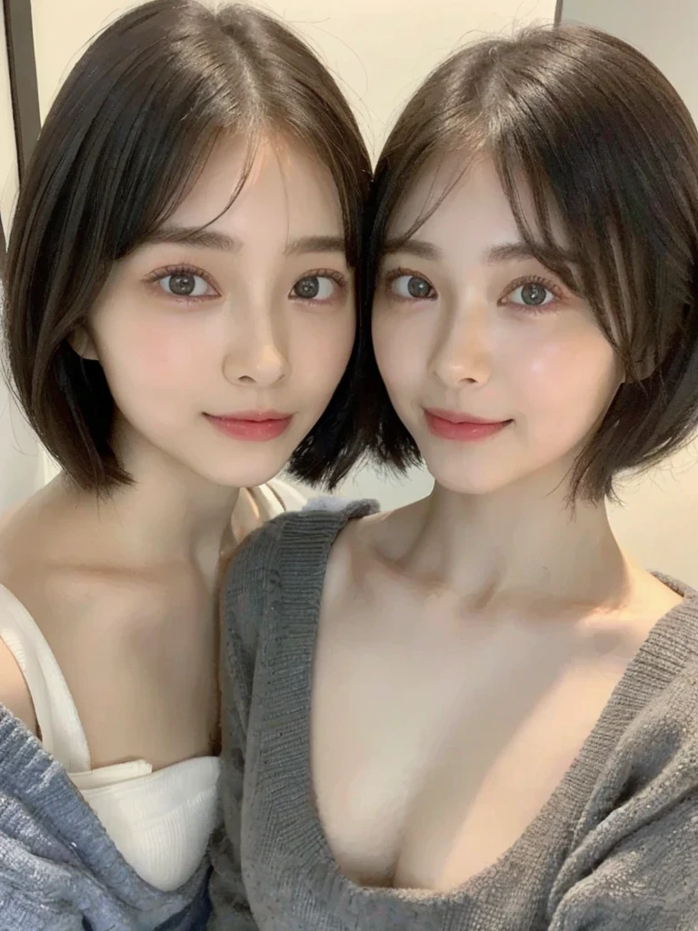 (masterpiece:1.3), (8k, Photoreal, Raw photo, best image quality: 1.4), Japanese high school girl、(random hairstyle:1.2)、cleavage:1.5、super detail face、eye for details、double eyelid、chest to chest、sharp focus:1.2、Beautiful woman:1.4、light brown hair、highest quality、masterpiece、超A high resolution、(Photoreal:1.4)、Highly detailed and professionally lit smiles、loose and light knitwear、shoulder out、thin、serious expression、short haired、deadly position
similar identical twins
All the girls have the exact same face, The two have the same face and figure, as if they were mirror images.