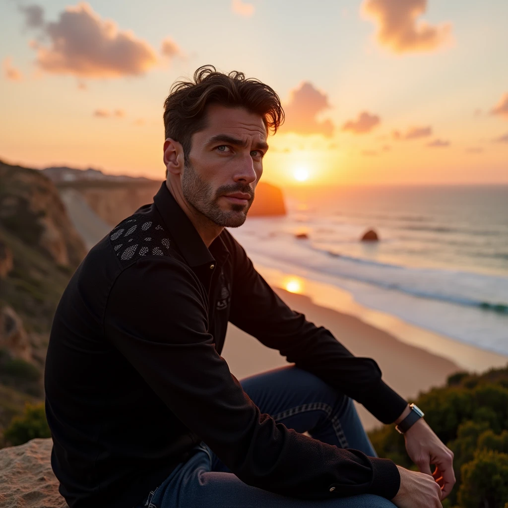 white male, 35 year old, dark hair, blue colored eyes, black lace shirt, sitting on top of a rock and watching the sunrise on the Algarve beach. He is looking at the cam and has beautiful, clear eyes.