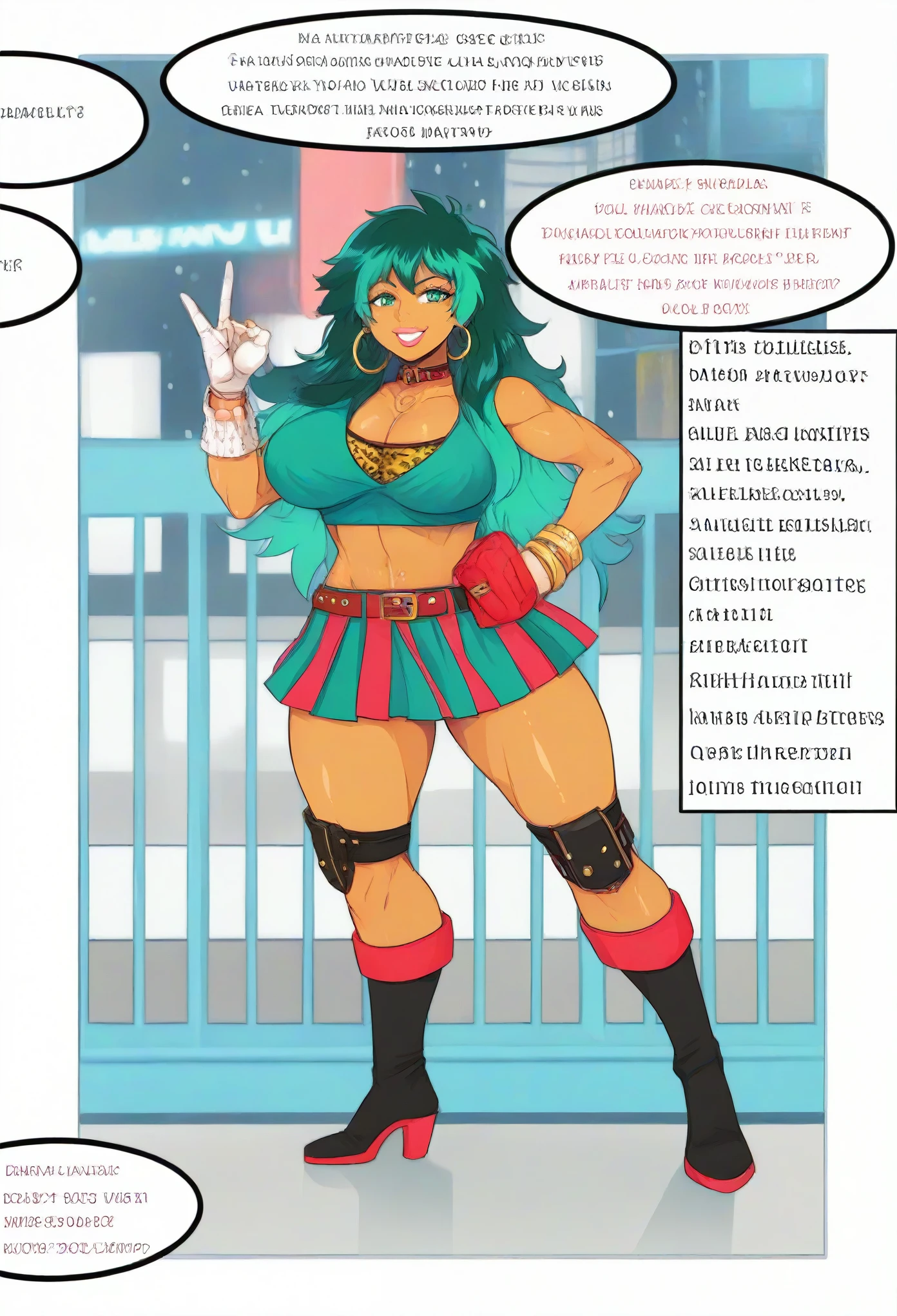 Score_9, score_8_up, score_7_up, score_6_up, source_anime, 1girl, solo, long hair, black background, neon glow, multicolored hair, hoop earrings, (enormous lips:1.1), dark-skinned female, tattoo, colored skin, BREAK, (gyaru:1.3), purple eyeshadow, eyeshadow, makeup, green top, leopard print bra, choker, off-the shoulder crop top, (metallic glitter), feather boa, fishnet shirt:1.2, jewelry, hair ornament, long hair, yellow eyes, shiny clothes,pink lips, nipple piercing, green skirt, orange skirt, gloves, bracelet, izuku_midoriya, green hair, green eyes, long hair, knee braces, choker, smile, belt, v gesture, toned, slim,