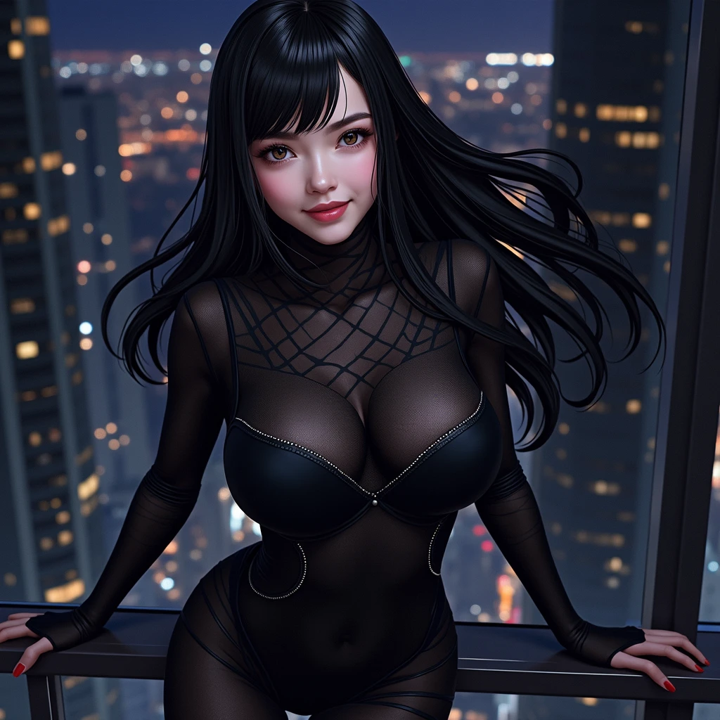 woman、smile、Bodysuits、cute、Bodyline、City of night、beauty、Highest quality、Big Breasts、Describe the whole body、Skyscraper、Sexy pose、Ultra HD、Official photo、Portrait、Official Art