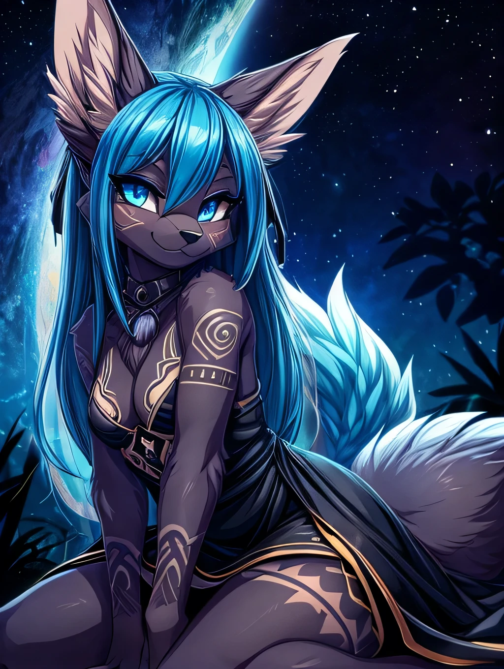 Black chacal girl, black dark fur high definition add_detail:1, black fur,kitsune ears, tribal tattoo add_detail:1,, mechon azul en el cabello,cosmic spacce landscape, pretty girl add_detail:3 18 year old girl, flirty look add_detail:3  ojos detallados  pupilas radiantes add_detail, glowing blue eyes, vista de cuerpo completo, garras en sus pies, red dress