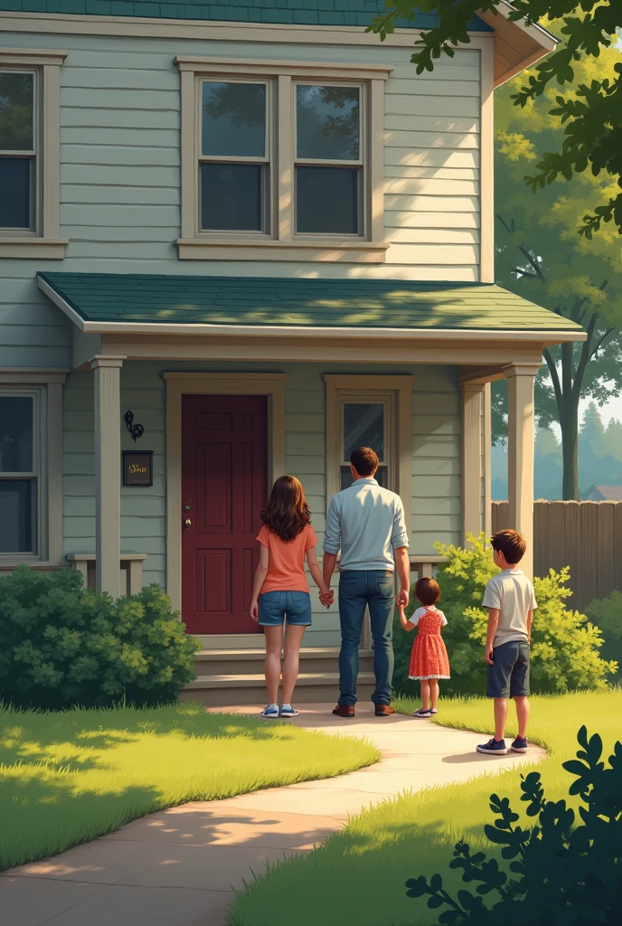 Make a picture of a house in front of the door where there is a family holding hands, then in the yard of the house there was a woman standing looking at the family with sadness