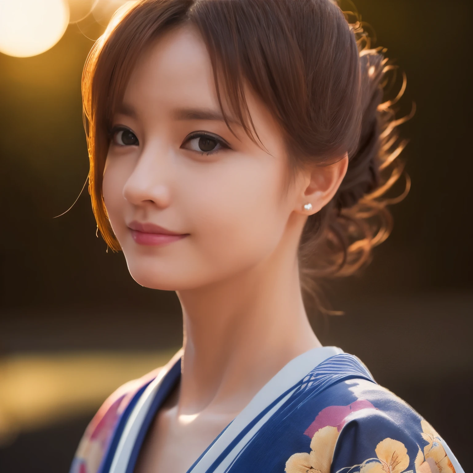 1woman, solo, close up, slender,((kimono and obi)), soft smiling, (best quality,8k,highres,masterpiece:1.3), ultra-detailed, (realistic,photorealistic,photo-realistic:1.37), portrait, cinematic, warm lighting, medium format, golden hour, dramatic shadows, vibrant colors,((hair up)),