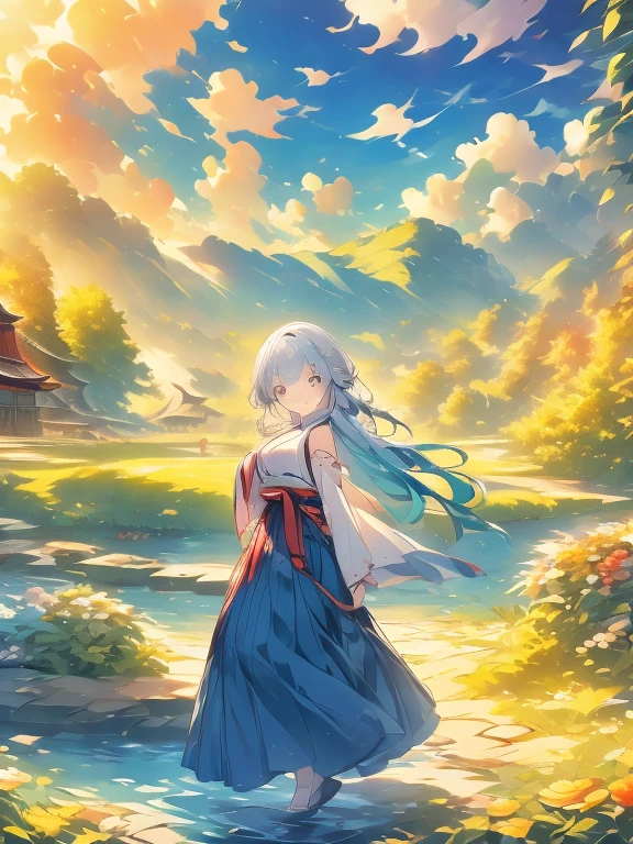 ((Highest quality)), ((masterpiece))、Small are justice、background(Magnificent View)、View from afar、Multiple people、Two women、Two shrine maidens、Dance、prayer、Uplifting、Guidance、(Blue and silver long hair、Blue-green eyes)、(Scarlet long hair、Orange eyes)、Miko costume、Hakama、morning haze、shrine、anime