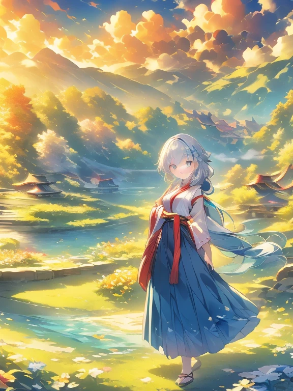 ((Highest quality)), ((masterpiece))、Small breasts are justice、background(Magnificent View)、View from afar、Multiple people、Two women、Two shrine maidens、Dance、prayer、Uplifting、Guidance、(Blue and silver long hair、Blue-green eyes)、(Scarlet long hair、Orange eyes)、Miko costume、Hakama、morning haze、shrine、anime