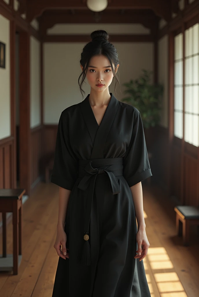A traditional woman wearing a black dress walking in the house