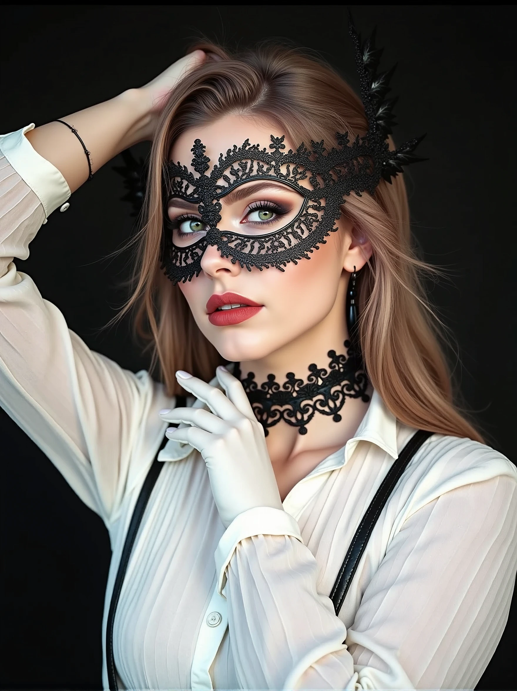 Close-up of masked woman, brown hair, cgsociety contest winner, gothic art, in fantasy formal wear, high quality stock photos of fantasy style, Maxim Sukharev, wearing an intricate black choker