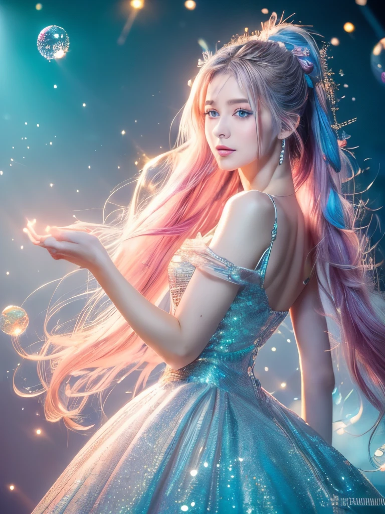 (masterpiece), (Highest quality), (Ultra high definition,Very detailed), (Dirty Hair), (8k Raw Photo:1.5), (1 girl) (Long Pink Hair 1.5) (blue eyes) (Double Ponytail 2.0), ((((No shoulders))),Hanfu, (Looking at the audience, (interview), (Simple Background), Beautiful and delicate eyes, Delicate and beautiful face, Soar (High saturation), (Colorful Glitter), Colorful bubbles, (Glitter), Facial accents, Perfect NwsjMajic, Conservative dress, No shoulders, Autumn Clothes, Facing the Public, Perfect figure,