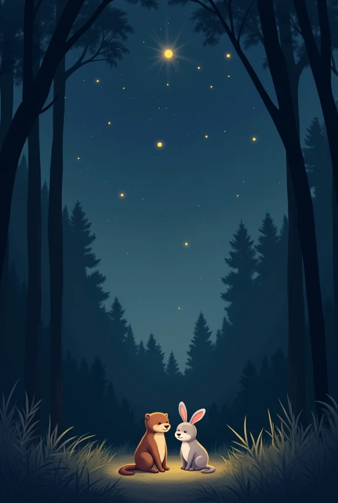 Otter and Rabbit Under the Stars: An otter and a rabbit sitting side by side, looking up at a sky full of twinkling stars. They’re in a clearing in the forest, with silhouettes of trees framing the scene and the night sky beautifully clear.