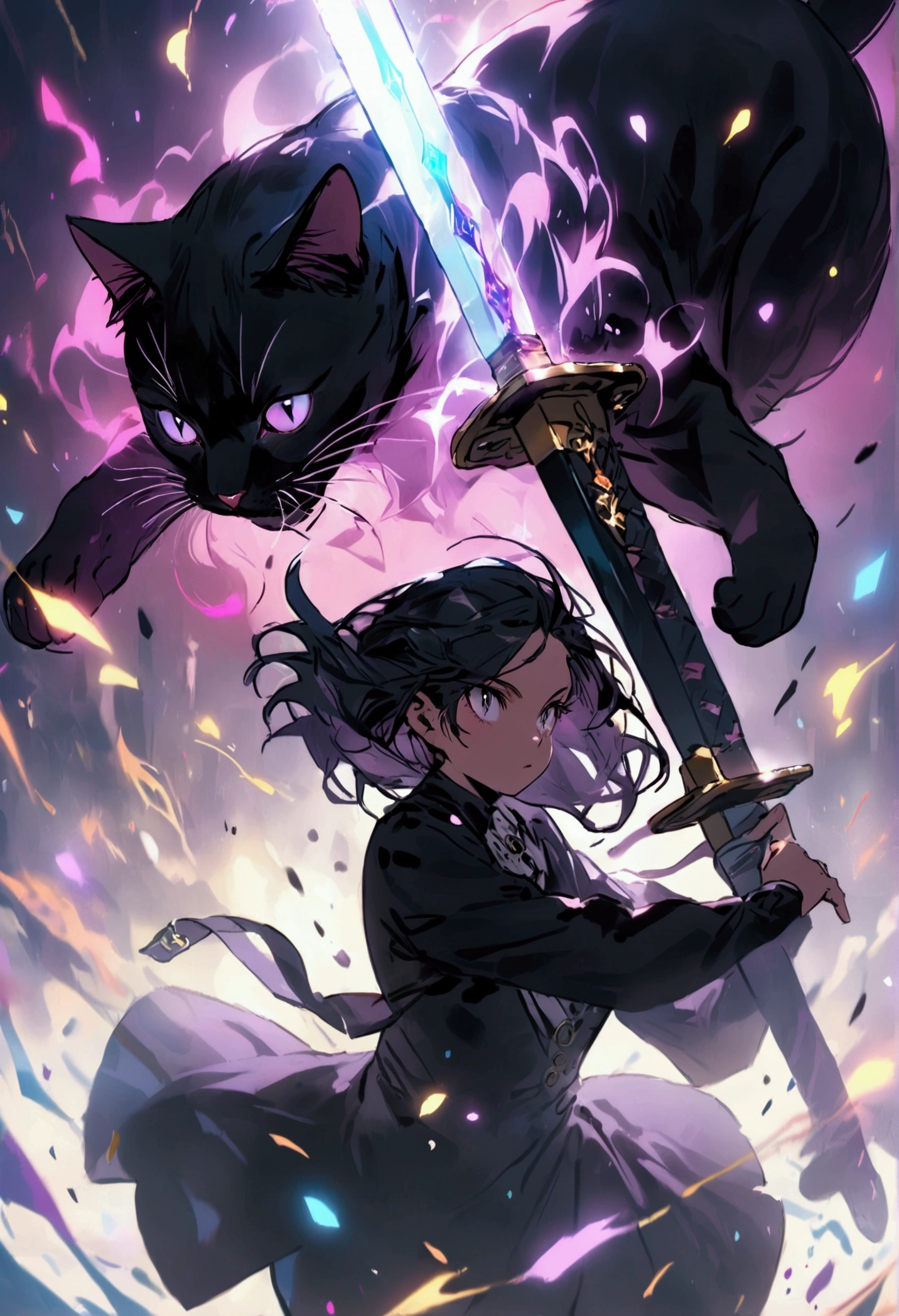 A young black cat girl fights enemies with a large sword