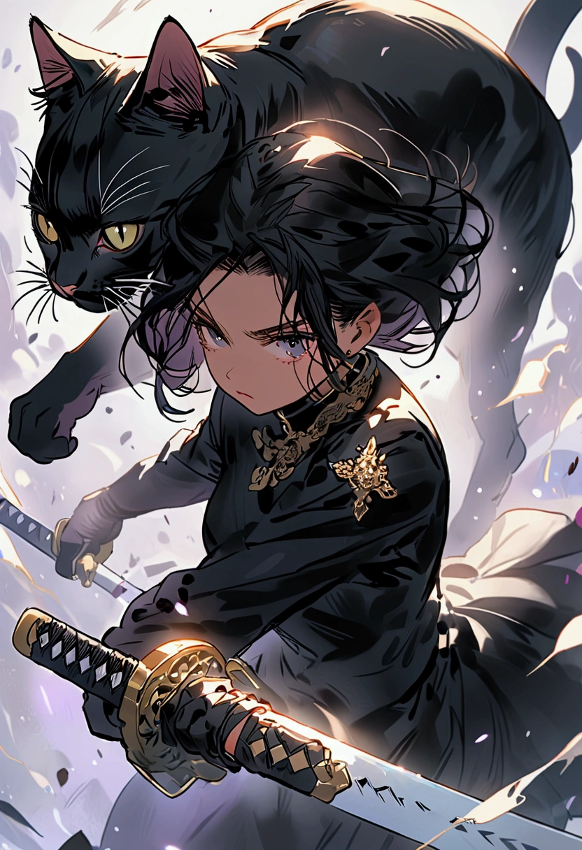 A young black cat girl fights enemies with a large sword