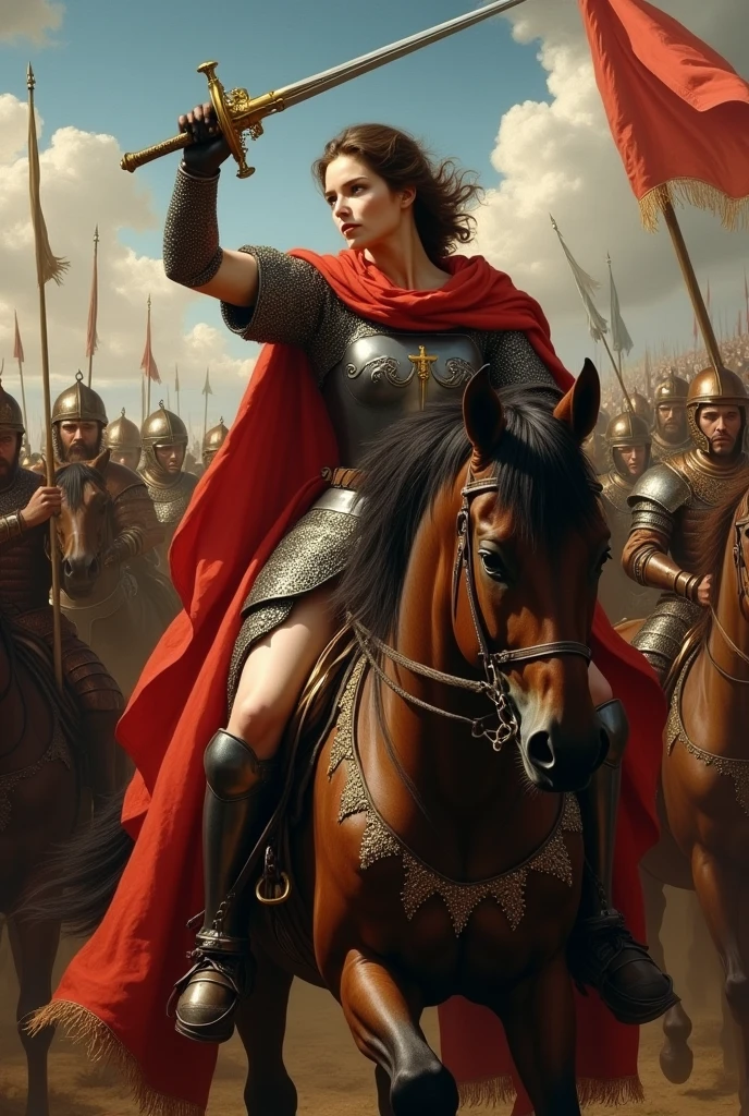 The beauty, strength and masculine power in images over time artistic style (Renaissance)
The Invincible Warrior Environment: battlefield, with armor and flags.
pose: Riding a horse, wielding a sword, showing strength in arms and legs.
action: Leading a charge, with an expression of determination.
Expression: concentrated, Sure of herself.
Physical Characteristics: athletic body, wide shoulders, strong and masculine face.