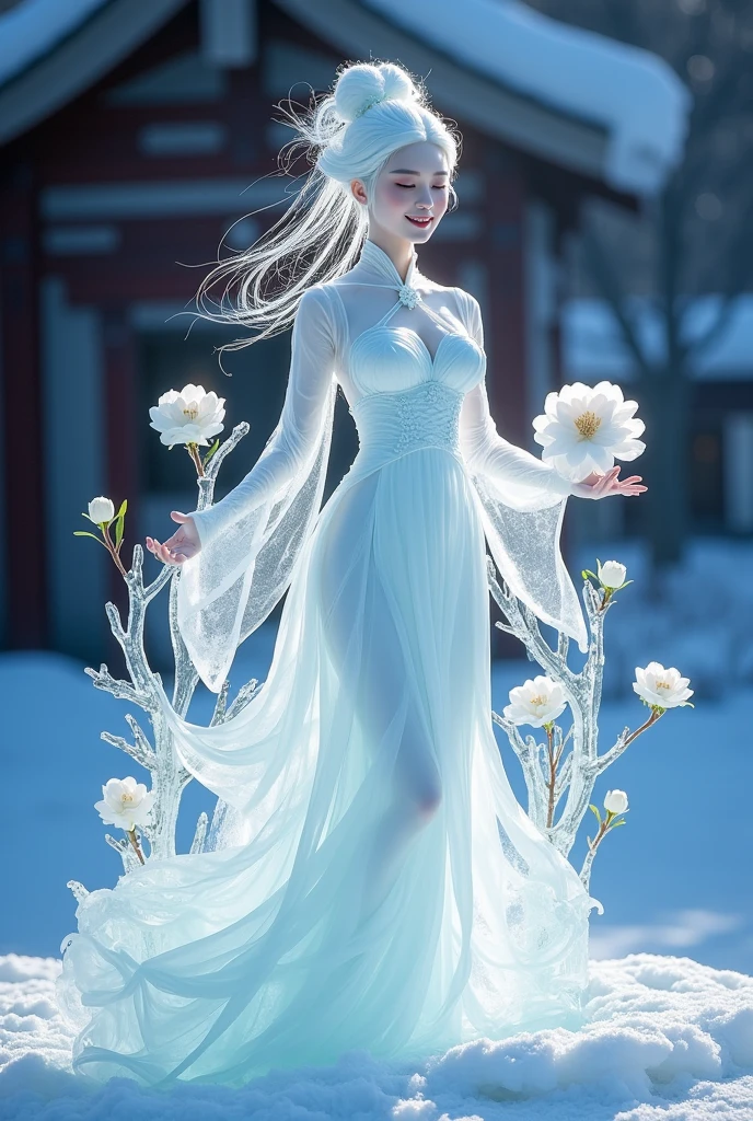 (ice - carving:1.4),Movie Angle,(Fan Bingbing, ice sculpture girl,Anatomically correct,full bodyesbian,Masterpiece ice sculpture camellia,Representative work Hanfu,Smile)