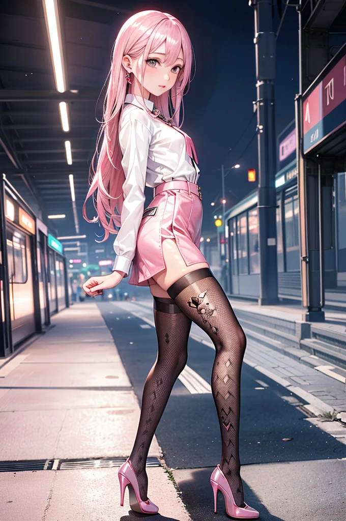 ((Biologically correct limb count)),(( From head to toe,Full-body photo including face)),4K,((Standing position)),masterpiece,((Focus on the face)),((Symmetrical facial features)),Eyes with detailed description,Beautiful woman,Great style,Beautiful arms,Beautiful legs,Beautiful Hands,(Small Ass,Thin thighs),Detailed depiction of the face,Small earrings,necklace,(Rubber Y-shirt,mini skirt((High heels,Patterned stockings))),((Meet at the station)),Silk gloves,(((Pink silver hair))),Realistic photo,25-year-old woman