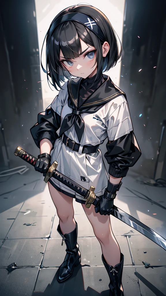 mature　Bobcut　Black Hair　expensive　Narrow eyes　Glaring at me　Glare　frivolous attitude　Black Sailor Suit　armor　Put a headband around your forehead　Small hands　Handguard　gloves　Black boots　Holding the Japan sword　battlefield