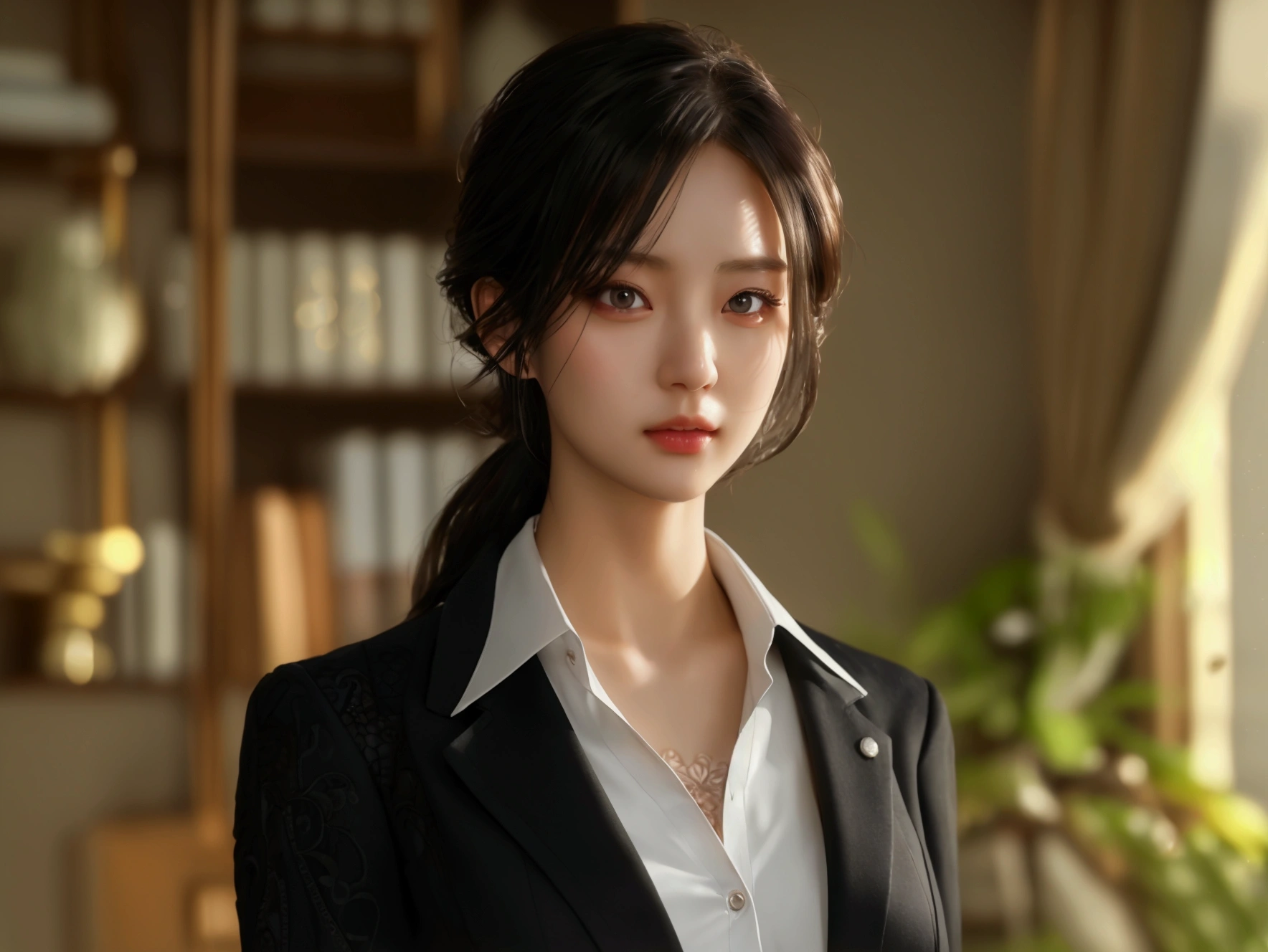 Full body image，Elegant upper-class elite secretary in a business shirt, Working in the office、Wearing a serious suit, Wear stockings、Wear high-end heels、 Girl in shirt, Wearing a suit, Wearing a suit, Wearing a suit, Female Merchant, Business Clothing, Wearing a black suit, Wear a shirt and skirt, Wearing a suit的女人, business attire, Business Attire, RAW photos, (8K、Top quality、masterpiece:1.2)、(Intricate details:1.4)、(Photorealistic:1.4)、Octane Rendering、Complex 3D rendering with ultra-details, Studio Soft Light, Rim Light, Vivid details, Super Detail, Realistic skin texture, Detail face, eyes in beautiful detail, Highly detailed CG Unity 16k wallpaper, cosmetic, (Detailed background:1.2), Show your thighs!!!,
