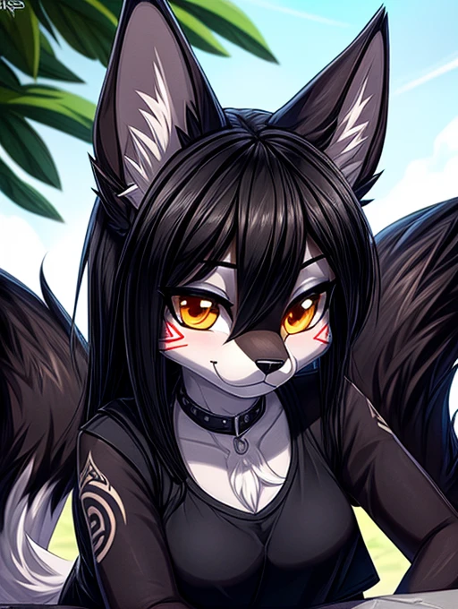 Black chacal, black dark fur, pelaje negro con blanco high definition add_detail:1, blue fur,kitsune ears, tribal tattoo add_detail:1 cute high school clothes, pretty girl add_detail:3 18 year old girl, short black lycra, black metal t shirt, flirty look add_detail:3