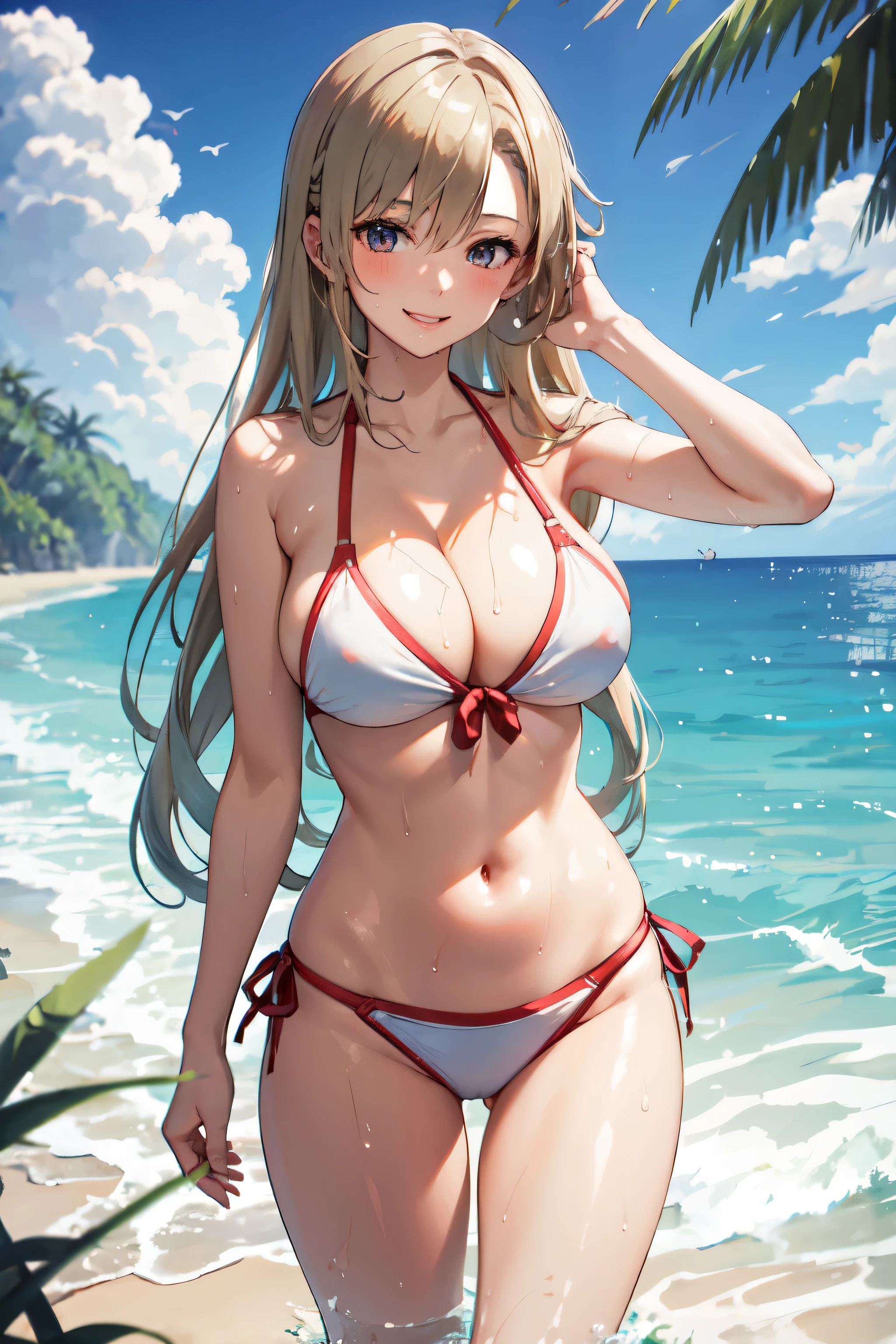 One girl, alone, Asuna, Long Hair, Large Breasts, Cleavage, Thighs, (bikini), Are standing, Beach Sea, (Soaking wet:1.1), smile, Fine hand