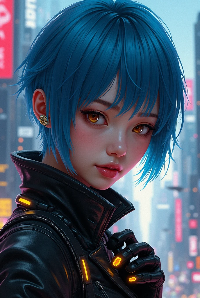 A close-up portrait of a young Asian woman in cyberpunk style. She has short electric blue hair and piercing brown eyes fitted with gold-colored cybernetic implants. She is wearing a black leather jacket with LED light details and tactical gloves. His expression is determined, with a slight smile on his lips. The background is a futuristic cityscape filled with skyscrapers and flying vehicles. Use a realistic digital painting style with dramatic neon lighting.