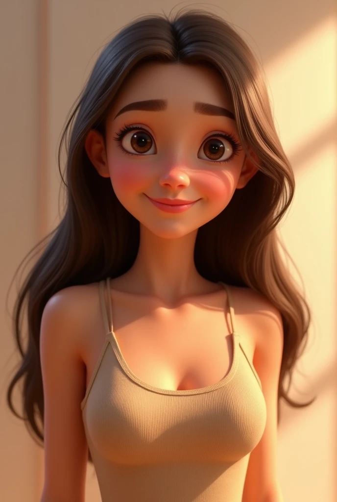 Create a Pixar-style character with long, straight hair ,light brown skin woman, small breasts with tank top
