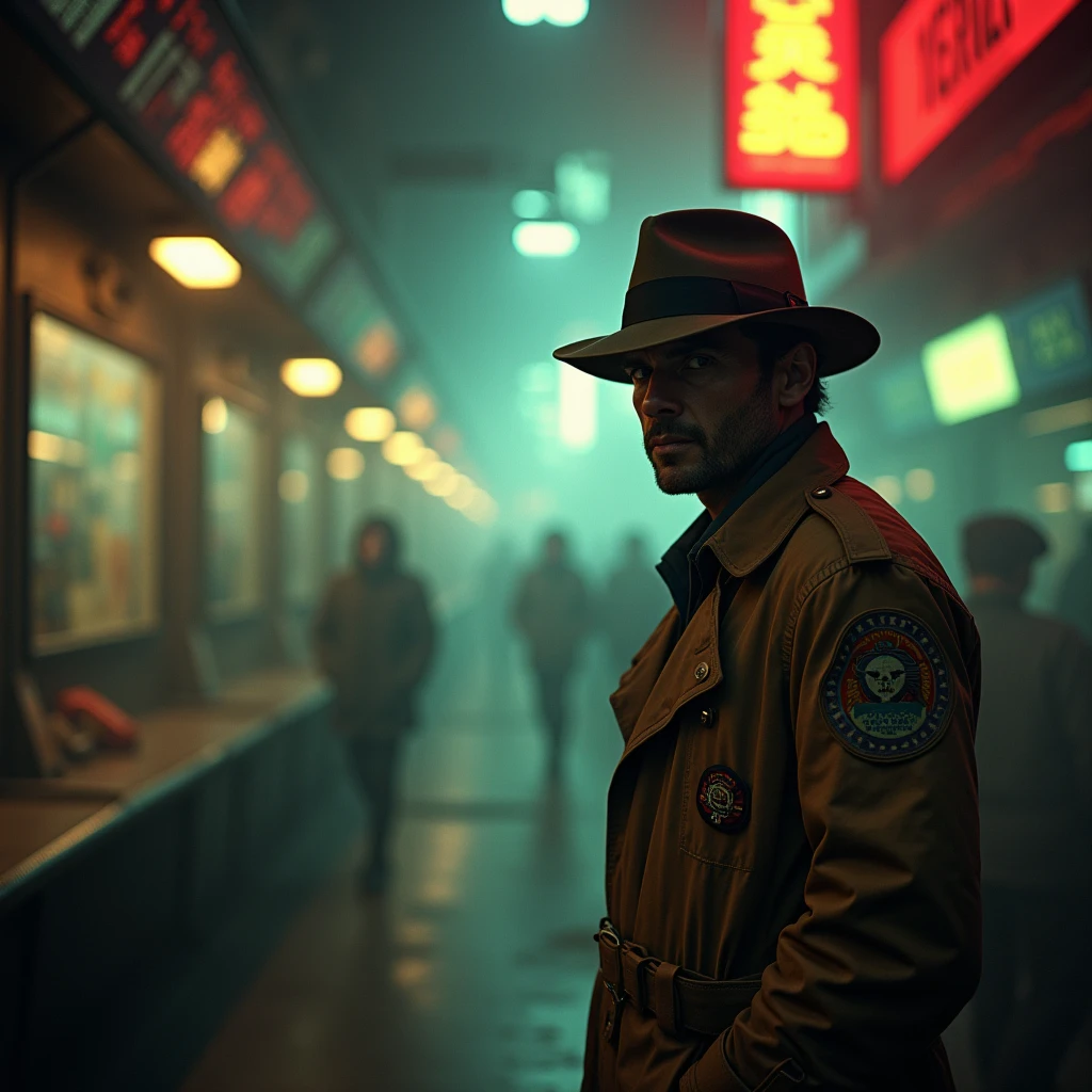 In a dimly lit corner of a bustling spaceport, a weathered private detective stands against a backdrop of flickering neon signs and smoky, industrial haze. This captivating lomographic photograph depicts a retro-futuristic noir-inspired scene, capturing the essence of intergalactic travel. The main subject, the detective, wears a worn trench coat replete with patches, revealing countless adventures. His eyes, veiled under a tilted fedora, hold a glimmer of sharp intuition, etched with wisdom. The grainy texture and muted colors enhance the nostalgic ambiance, transporting viewers to a forgotten era of mystery and exploration. This high-quality image masterfully balances vintage aesthetics and futuristic themes, inviting observers into a captivating cosmic tale.