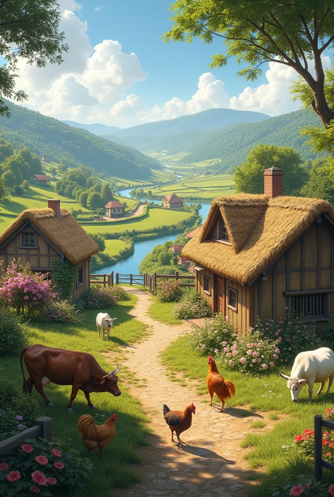 Create a image with beautiful village with farming, cow, hen, goat on landscape